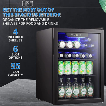 2.6 cu ft wine cooler with glass door by Kismile, blue LED interior, bottles and 95 cans shown on Tampa Home & Garden Store