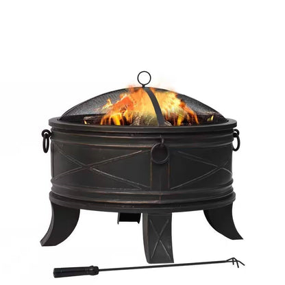 26-inch Round Steel Outdoor Fire Pit with Cover and Poker in Bronze - Tampa Home & Garden Store