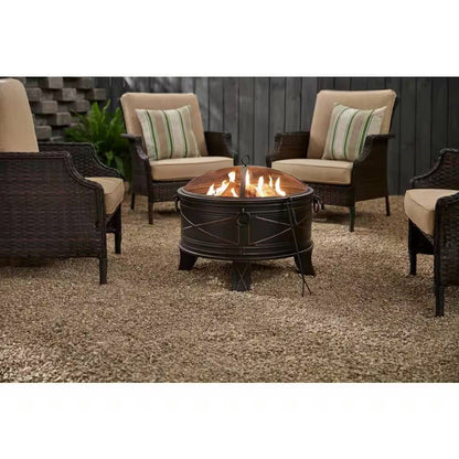 26-inch Round Steel Outdoor Fire Pit with Cover and Poker in Bronze - Tampa Home & Garden Store