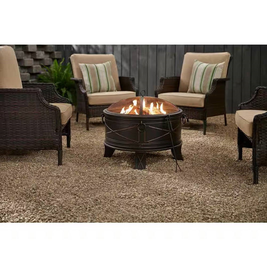 26-inch Round Steel Outdoor Fire Pit with Cover and Poker in Bronze - Tampa Home & Garden Store