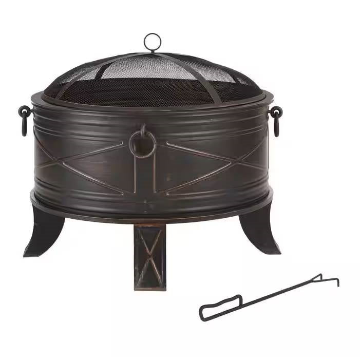 26-inch Round Steel Outdoor Fire Pit with Cover and Poker in Bronze - Tampa Home & Garden Store