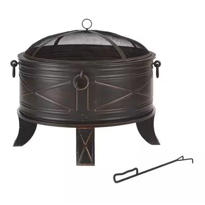 26-inch Round Steel Outdoor Fire Pit with Cover and Poker in Bronze - Tampa Home & Garden Store