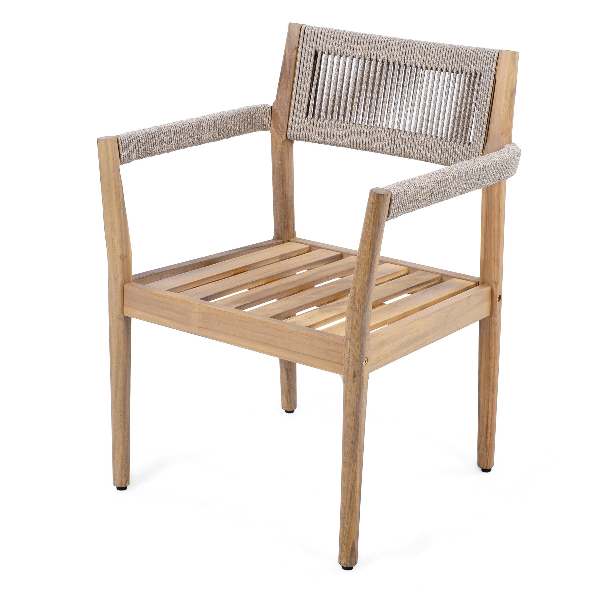 Braided acacia wood outdoor dining chair with beige rope-woven back and armrests on Tampa Home & Garden Store