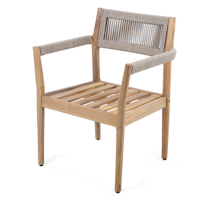 Braided acacia wood outdoor dining chair with beige rope-woven back and armrests on Tampa Home & Garden Store