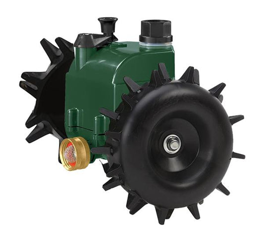 Traveling Sprinkler Motor Assembly 26025 Orbit Irrigation hose end with black spiked wheel on Tampa Home & Garden Store