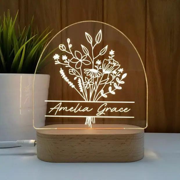 3D Night Light clear acrylic bouquet design with Amelia Grace name on wooden base FLIPSTYLEZLLC on Tampa Home & Garden Store