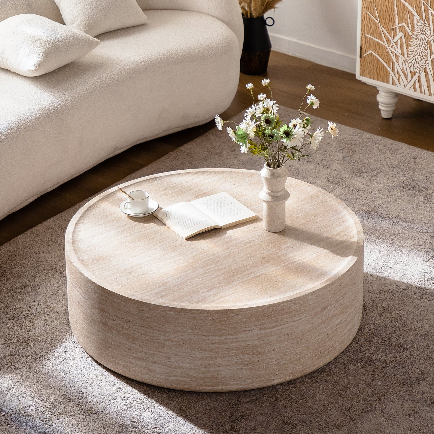 Round coffee table, 39.37 inches, light wood finish with Mars pattern, in a cozy living room on Tampa Home & Garden Store