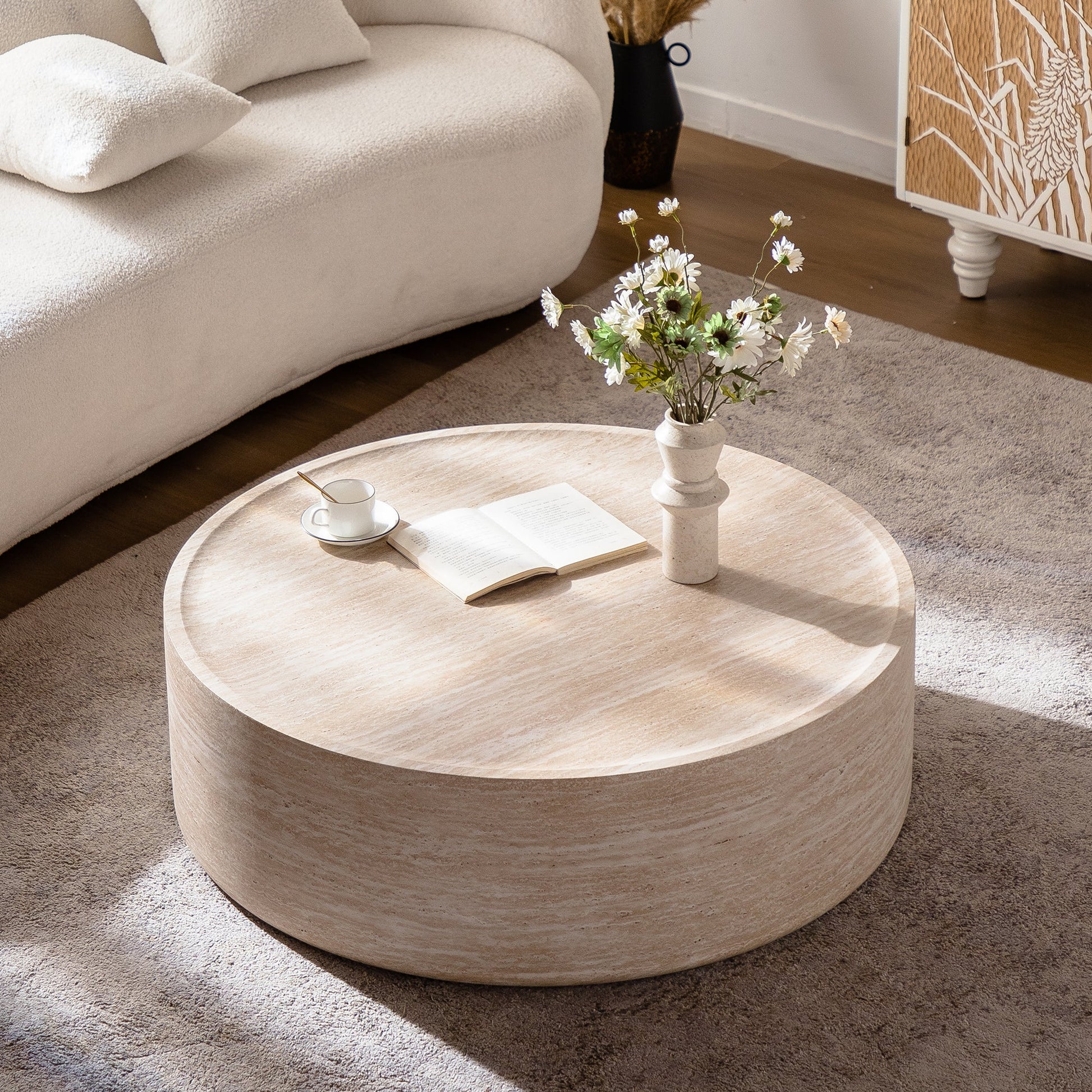 Round coffee table, 39.37 inches, light wood finish with Mars pattern, in a cozy living room on Tampa Home & Garden Store