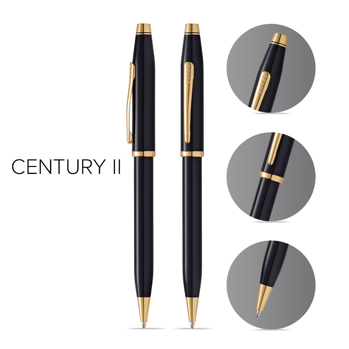 Century II Black Ballpoint Pen by A.T. Cross, black lacquer with gold trim, two pens on Tampa Home & Garden Store