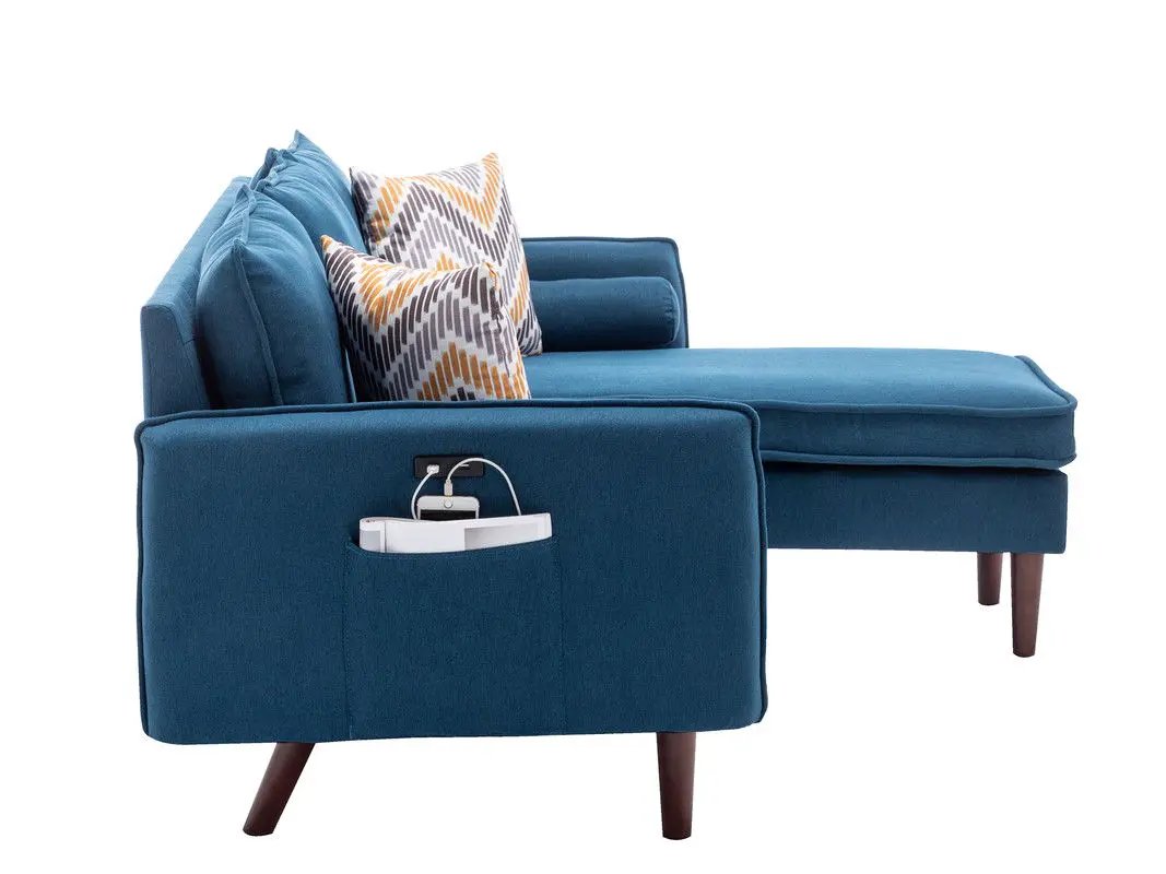 Mia sectional sofa chaise in blue fabric with chevron pillows and USB charger pocket on Tampa Home & Garden Store