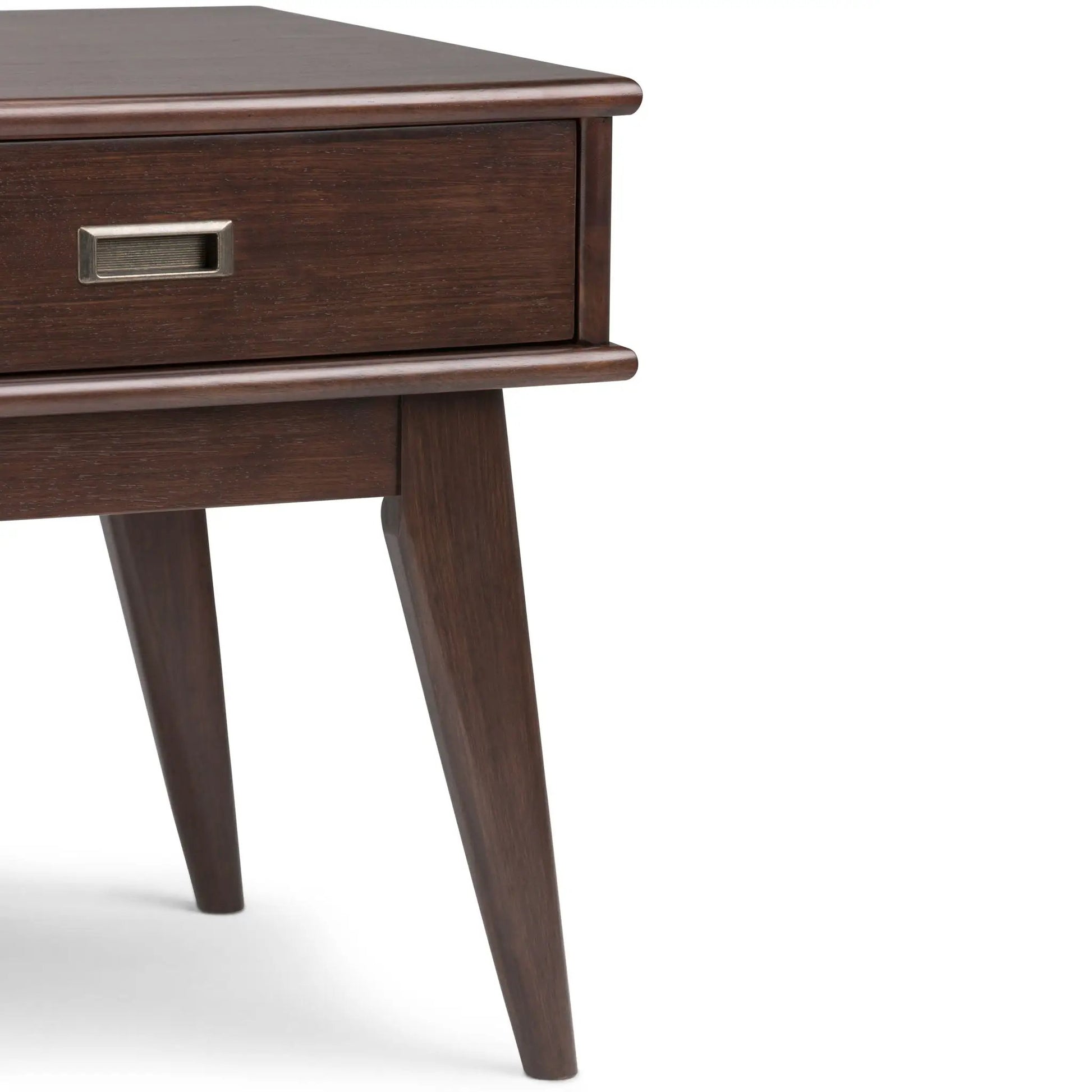 Draper Handcrafted End Table dark walnut with rounded top and rectangular metal drawer pull on Tampa Home & Garden Store