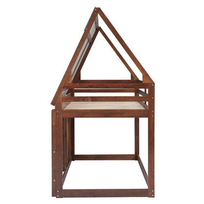 Wood twin-size house bunk bed frame with roof, ladder and two windows in oak & smoky gray on Tampa Home & Garden Store