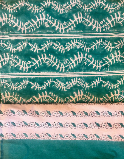 Tablecloth Bluebell Emerald teal-green base with white botanical print and striped border on Tampa Home & Garden Store