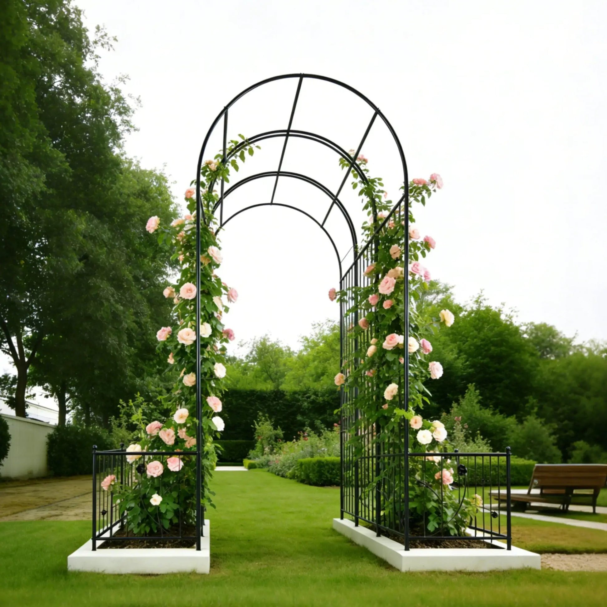 Two metal garden arches with plant stands, black finish, climbing roses, outdoor decor on Tampa Home & Garden Store