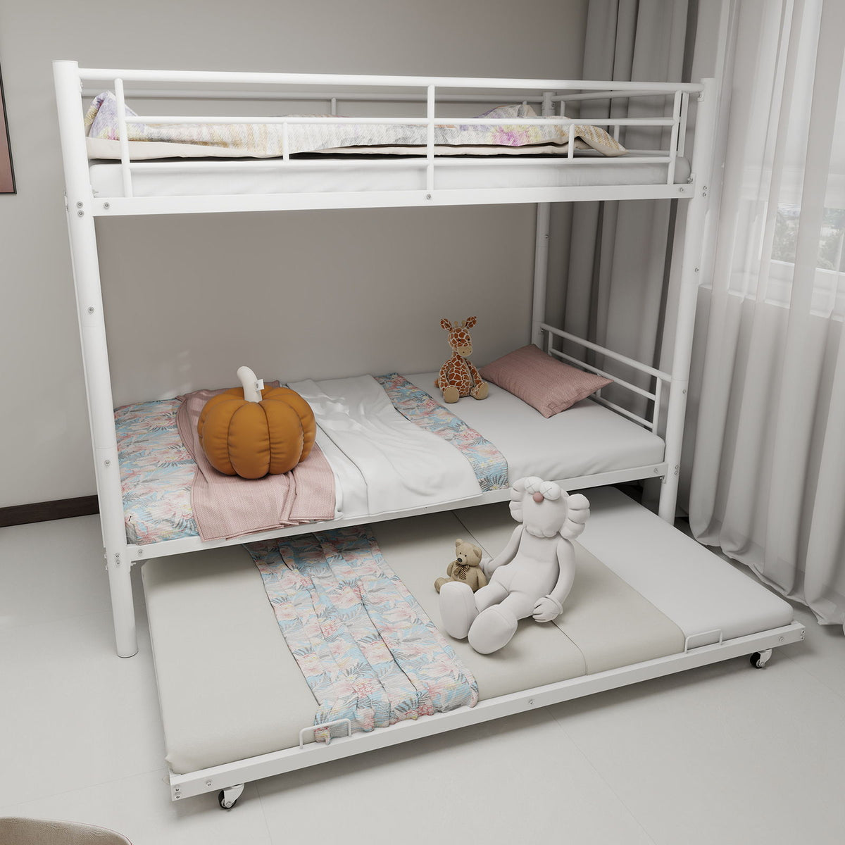 Bunk bed for kids by HouseOfZazla, white two-tier frame with ladders and guardrails on Tampa Home & Garden Store