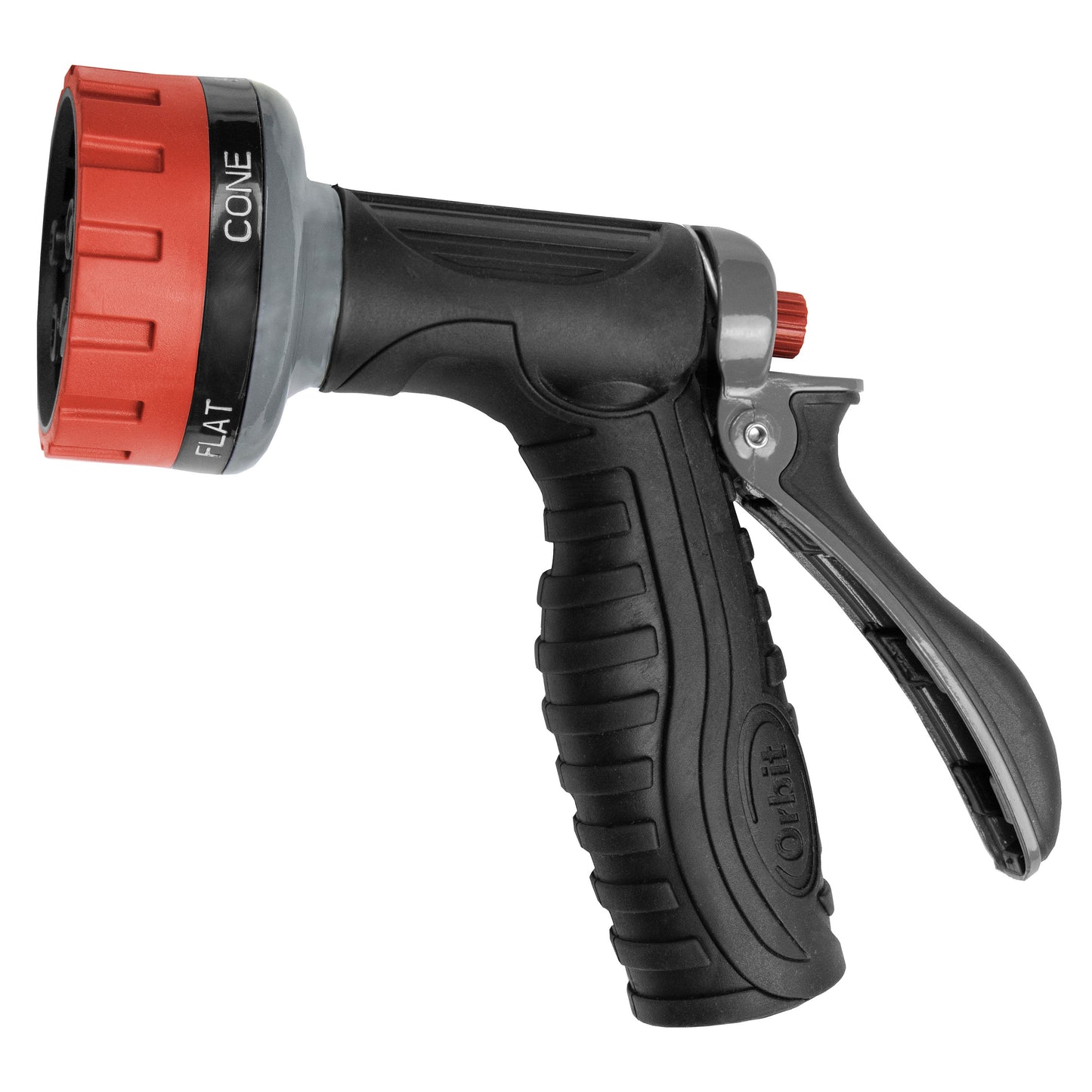 Orbit Irrigation 5-pattern zinc rear trigger hose nozzle with red dial and black handle on Tampa Home & Garden Store