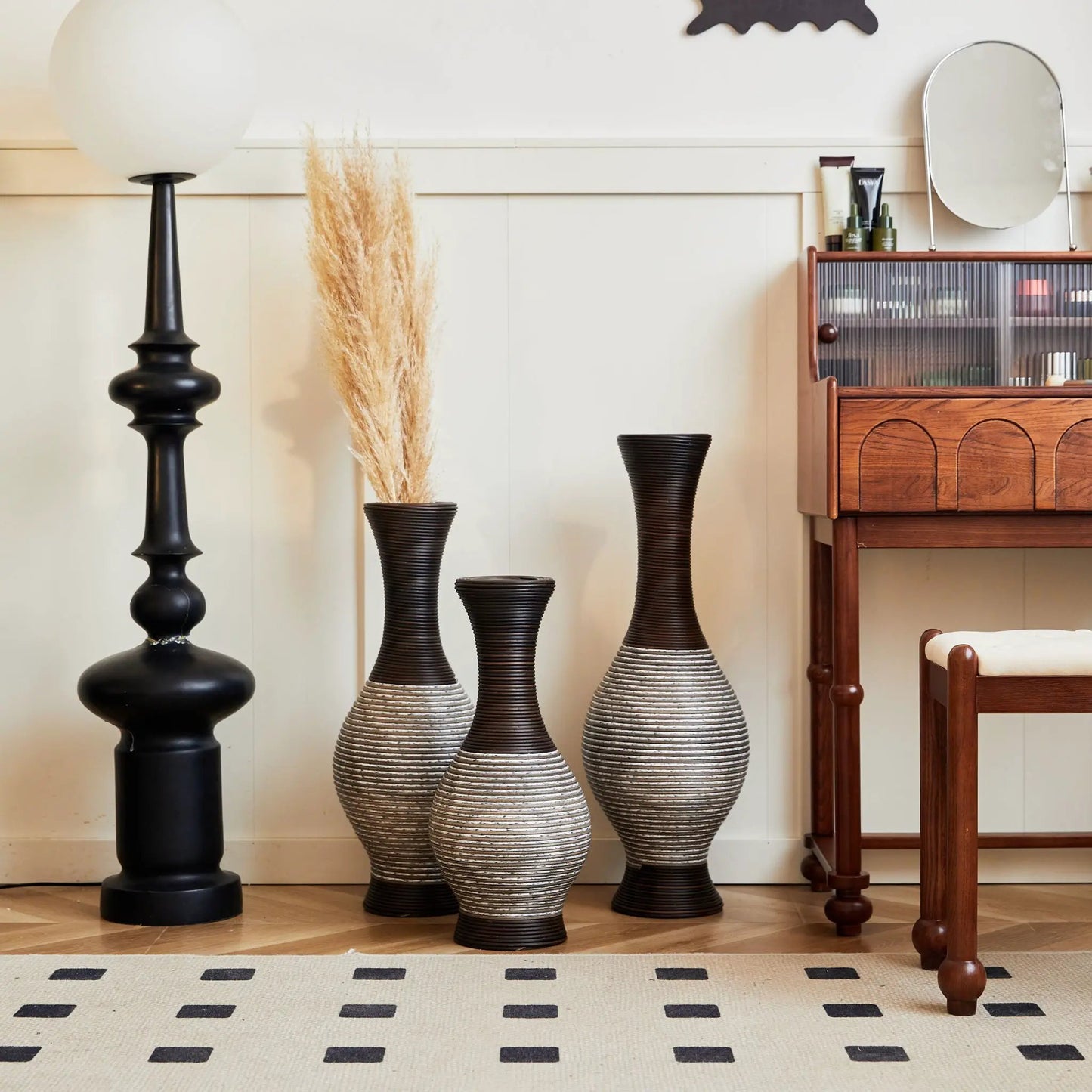 Three tall two-tone ribbed floor vases in dark brown to beige finish on Tampa Home & Garden Store