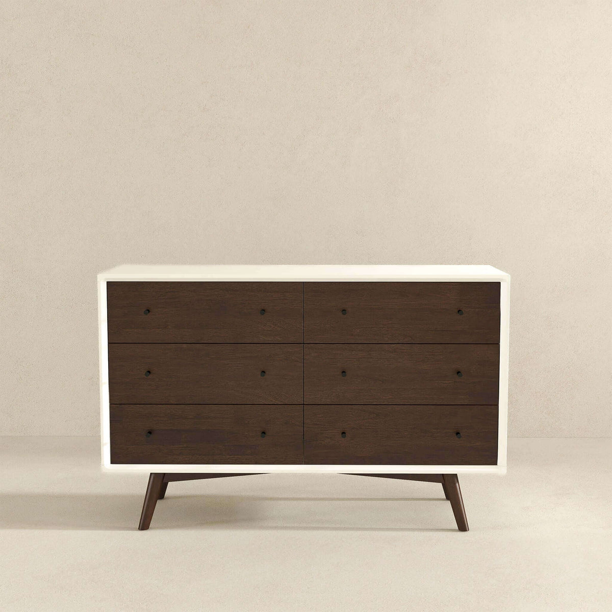 6-drawer dresser with dark brown drawers and white frame on mid-century legs on Tampa Home & Garden Store
