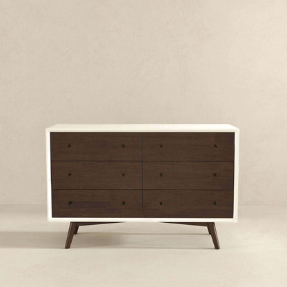 6-drawer dresser with dark brown drawers and white frame on mid-century legs on Tampa Home & Garden Store