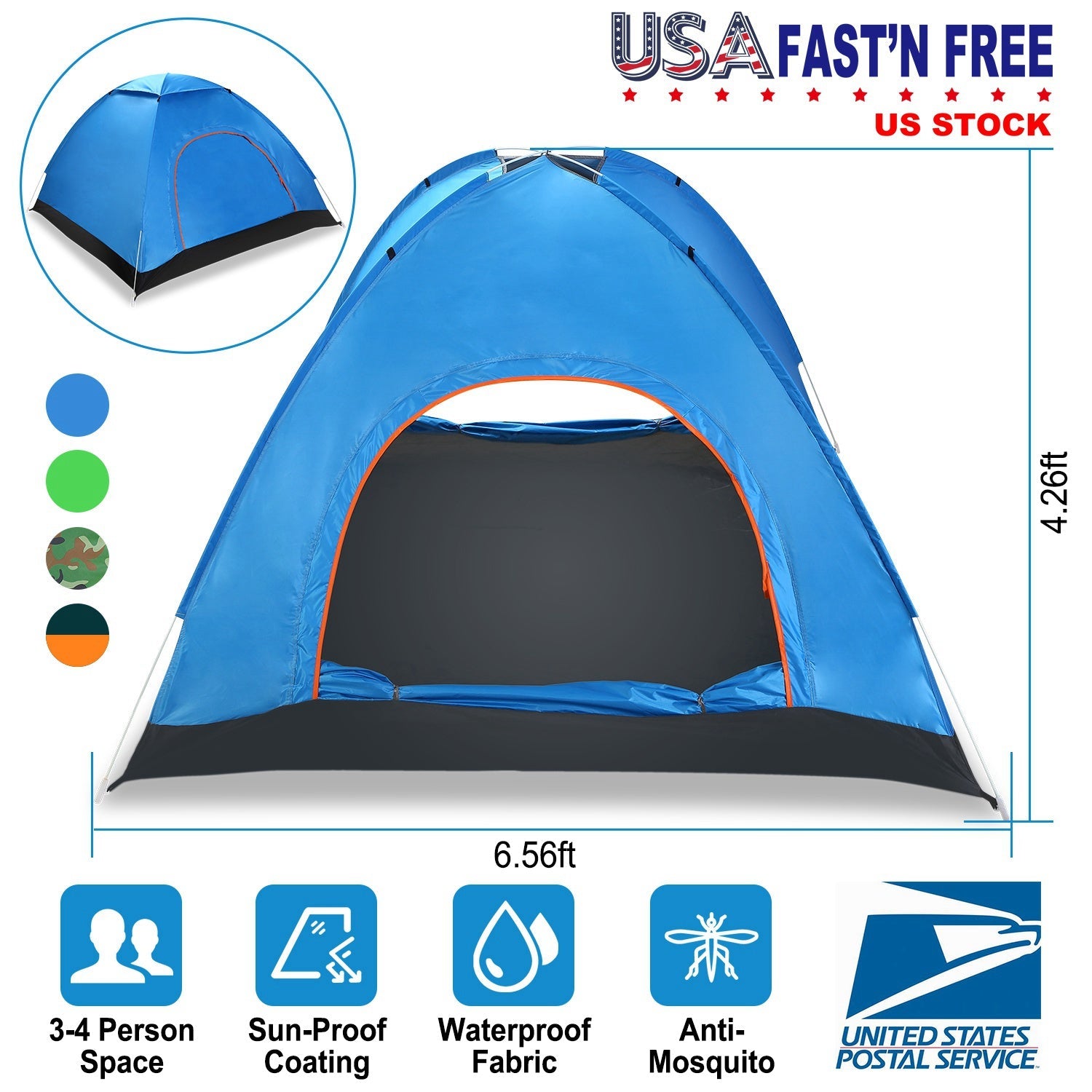 GemGear blue 4-person pop-up camping tent with orange doorway trim, mosquito nets, carry bag on Tampa Home & Garden Store