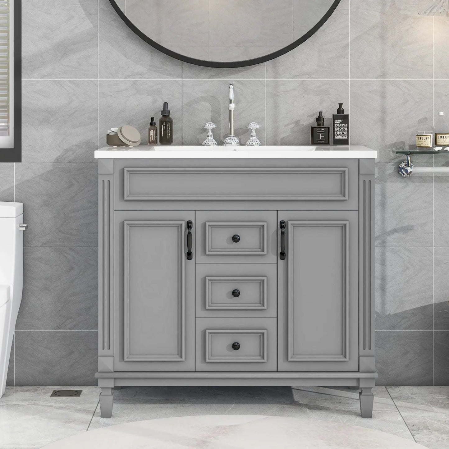 Bathroom vanity with top sink, gray cabinet, chrome faucet, two soft-close doors and two drawers on Tampa Home & Garden Store