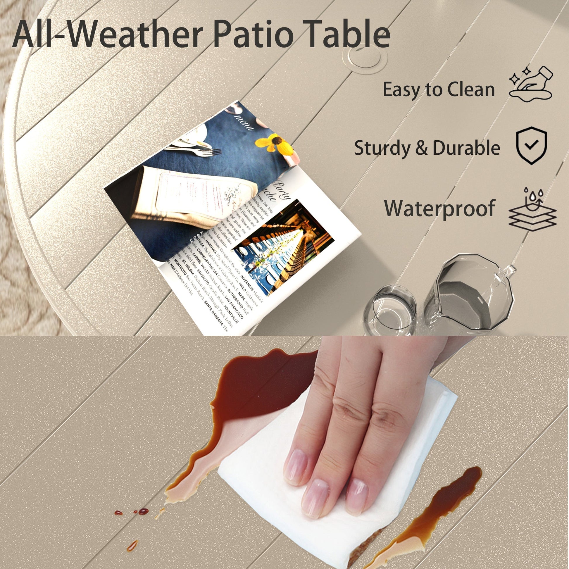 7 Pieces Patio Dining Set all-weather table with tan surface shown with spill cleanup on Tampa Home & Garden Store