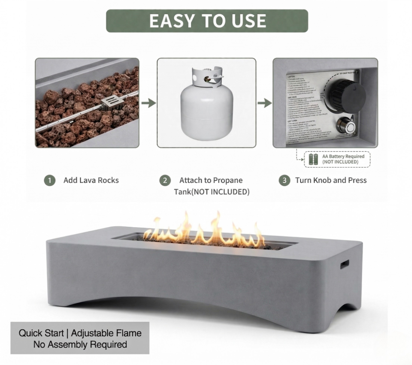 56-inch Propane Fire Pit Table, rectangular outdoor gas fire pit by HouseOfZazla, gray finish on Tampa Home & Garden Store