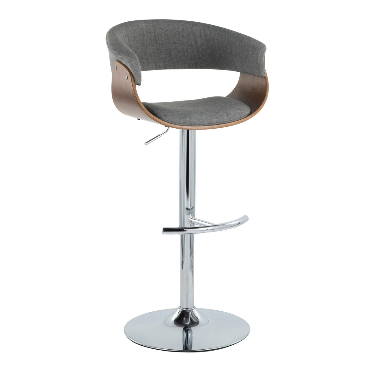 Mid Century Modern adjustable swivel barstool in gray fabric with wood shell and chrome pedestal on Tampa Home & Garden Store