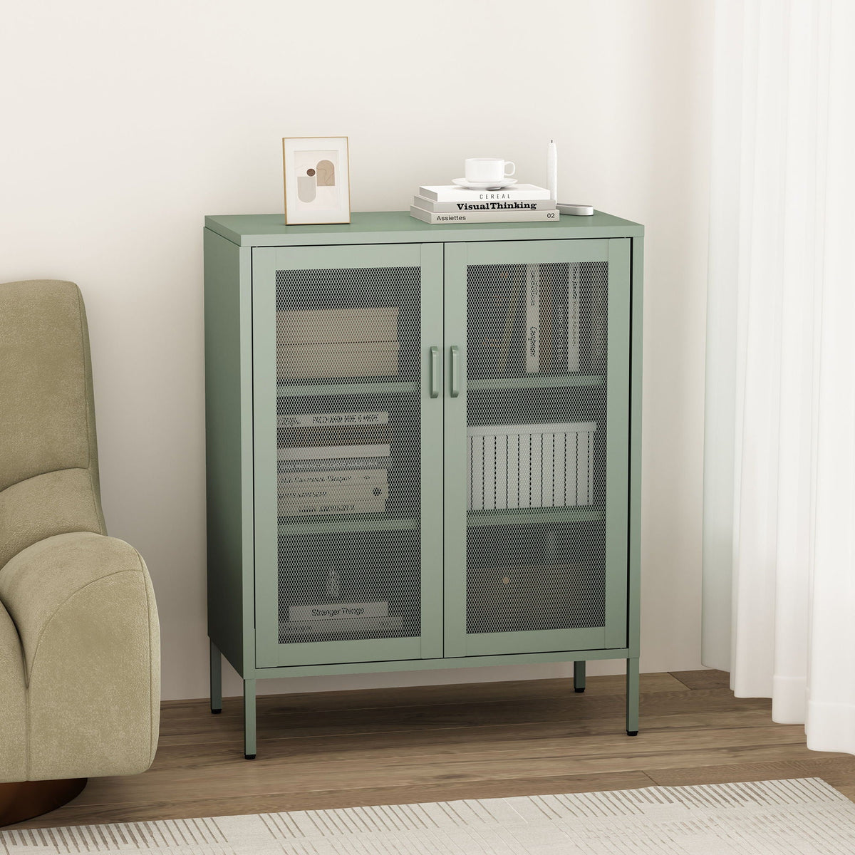 Green metal accent cabinet with adjustable shelves and mesh doors by HouseOfZazla on Tampa Home & Garden Store