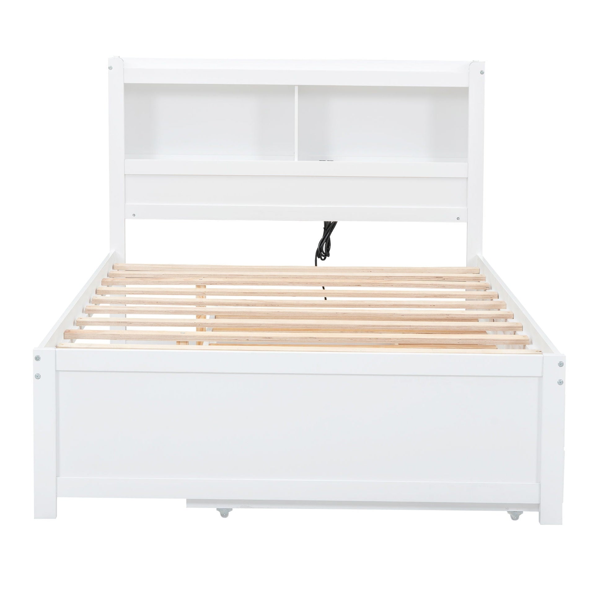 Full-size white platform bed with built-in shelf headboard and slatted bed base on Tampa Home & Garden Store