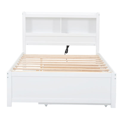 Full-size white platform bed with built-in shelf headboard and slatted bed base on Tampa Home & Garden Store