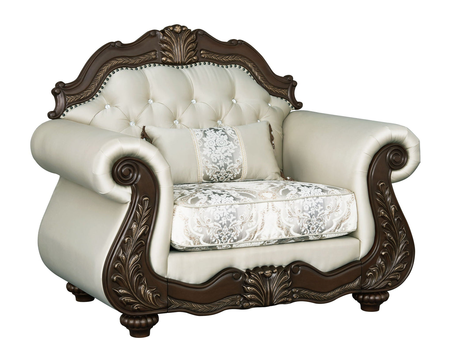 Pierce Chair With Pillow beige tufted upholstery dark cherry carved wood frame on Tampa Home & Garden Store