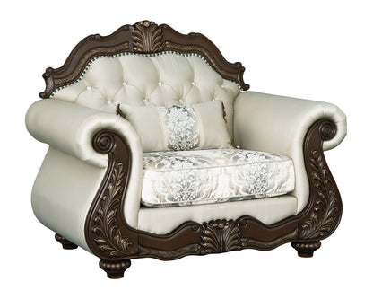 Pierce Chair With Pillow beige tufted upholstery dark cherry carved wood frame on Tampa Home & Garden Store