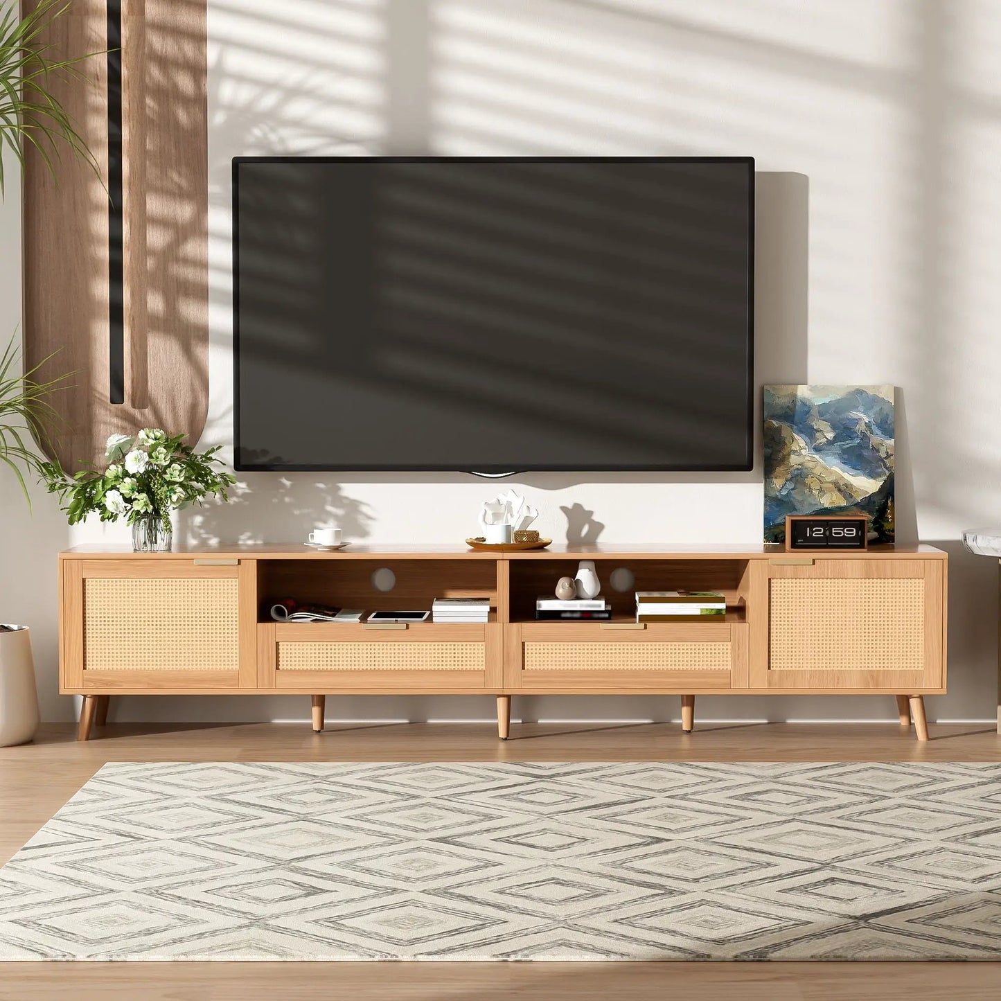 Rattan and Solid Wood TV Stand With Cable