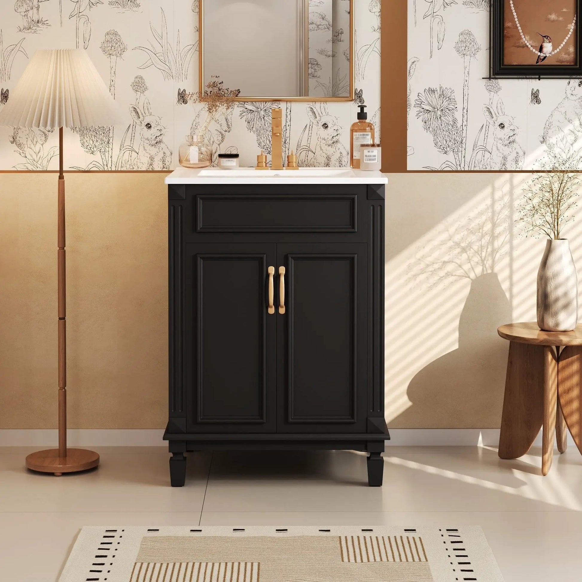 Bathroom vanity with top sink, black cabinet, white countertop, 2 soft-closing doors on Tampa Home & Garden Store