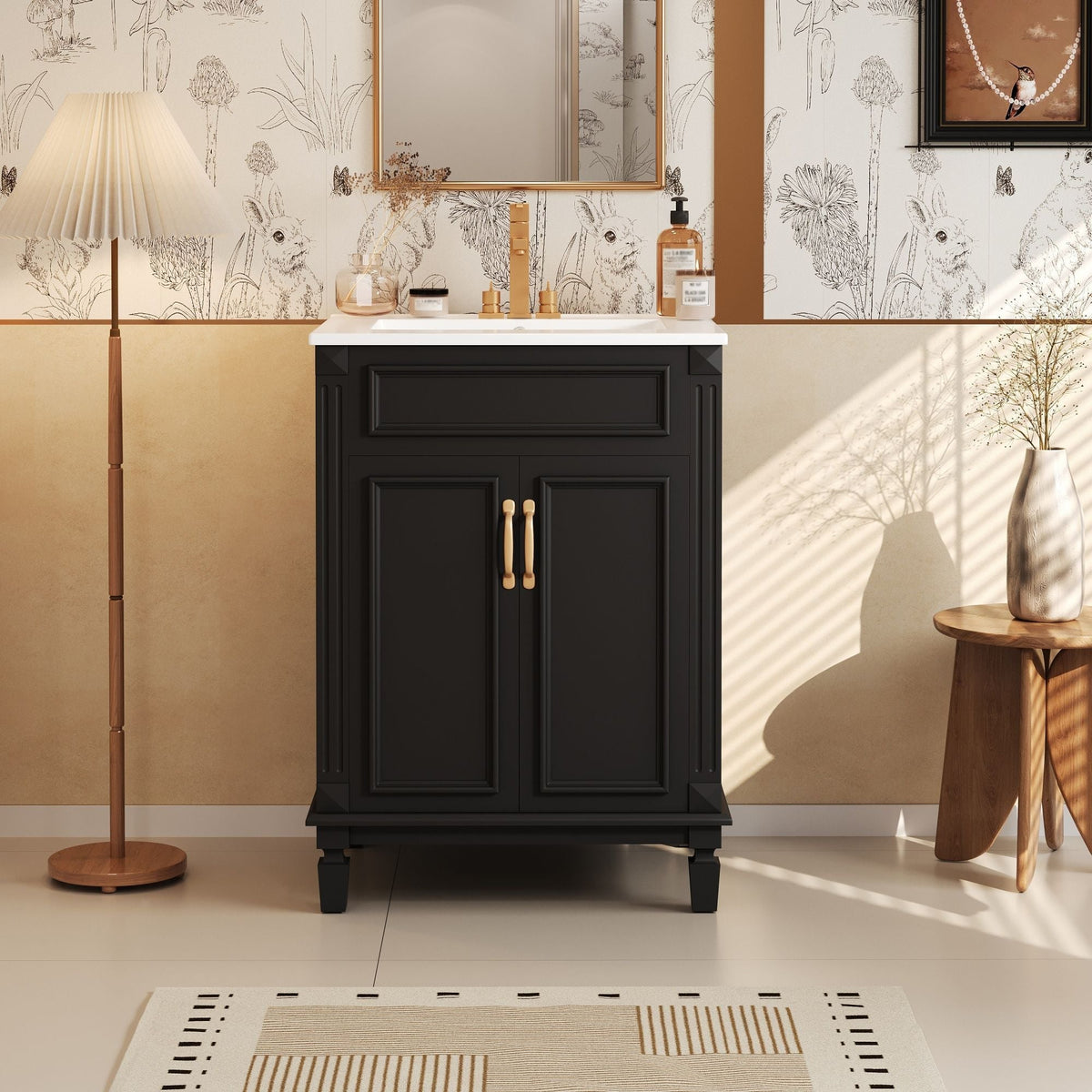 Bathroom Vanity With Top Sink and Soft Closing Doors black cabinet white countertop gold hardware on Tampa Home & Garden Store