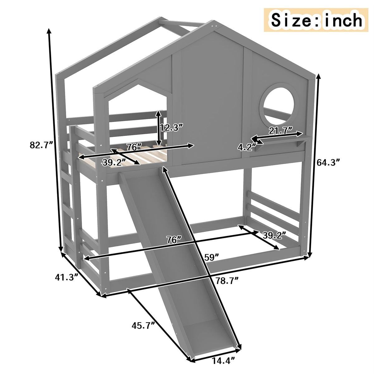 Twin House Bunk Bed with Slide and Storage Shelves gray finish with loft playhouse frame on Tampa Home & Garden Store