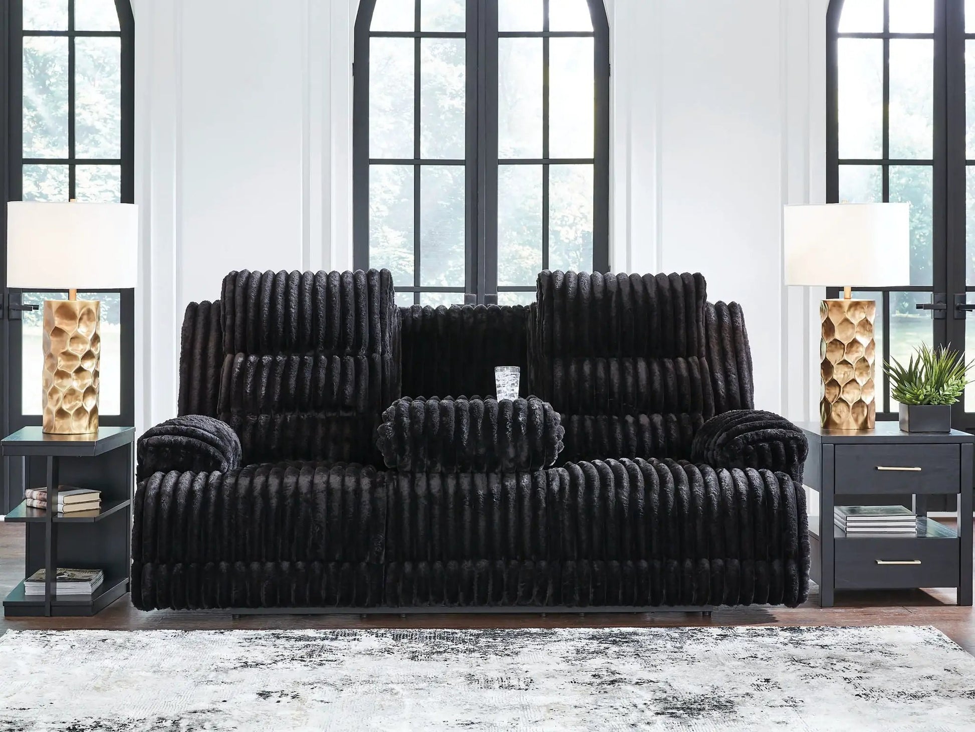 Rhine Falls reclining sofa Onyx with two end tables, black corded upholstery on Tampa Home & Garden Store
