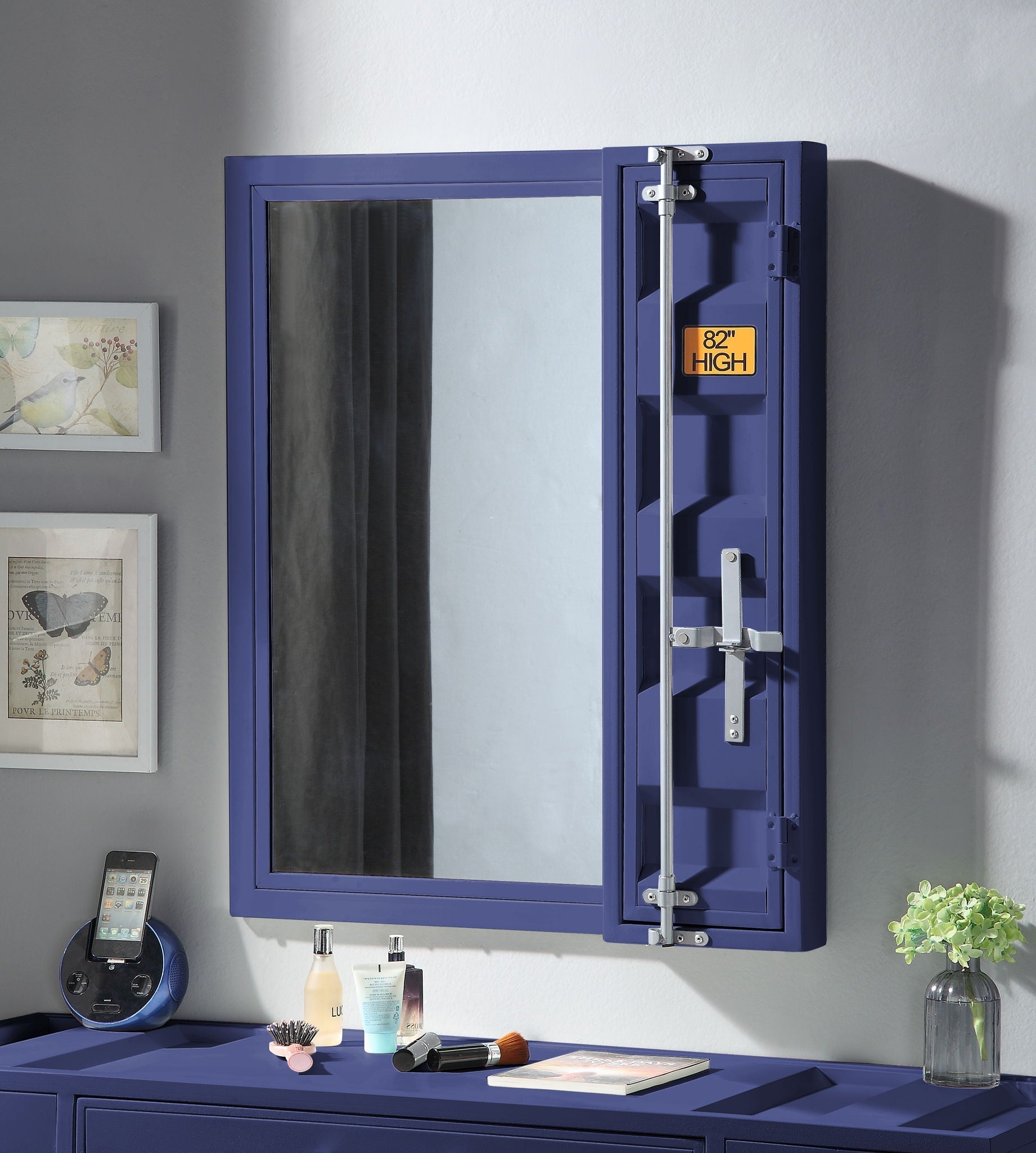 Cargo vanity mirror with purple frame and built-in side storage compartments, clear reflection on Tampa Home & Garden Store