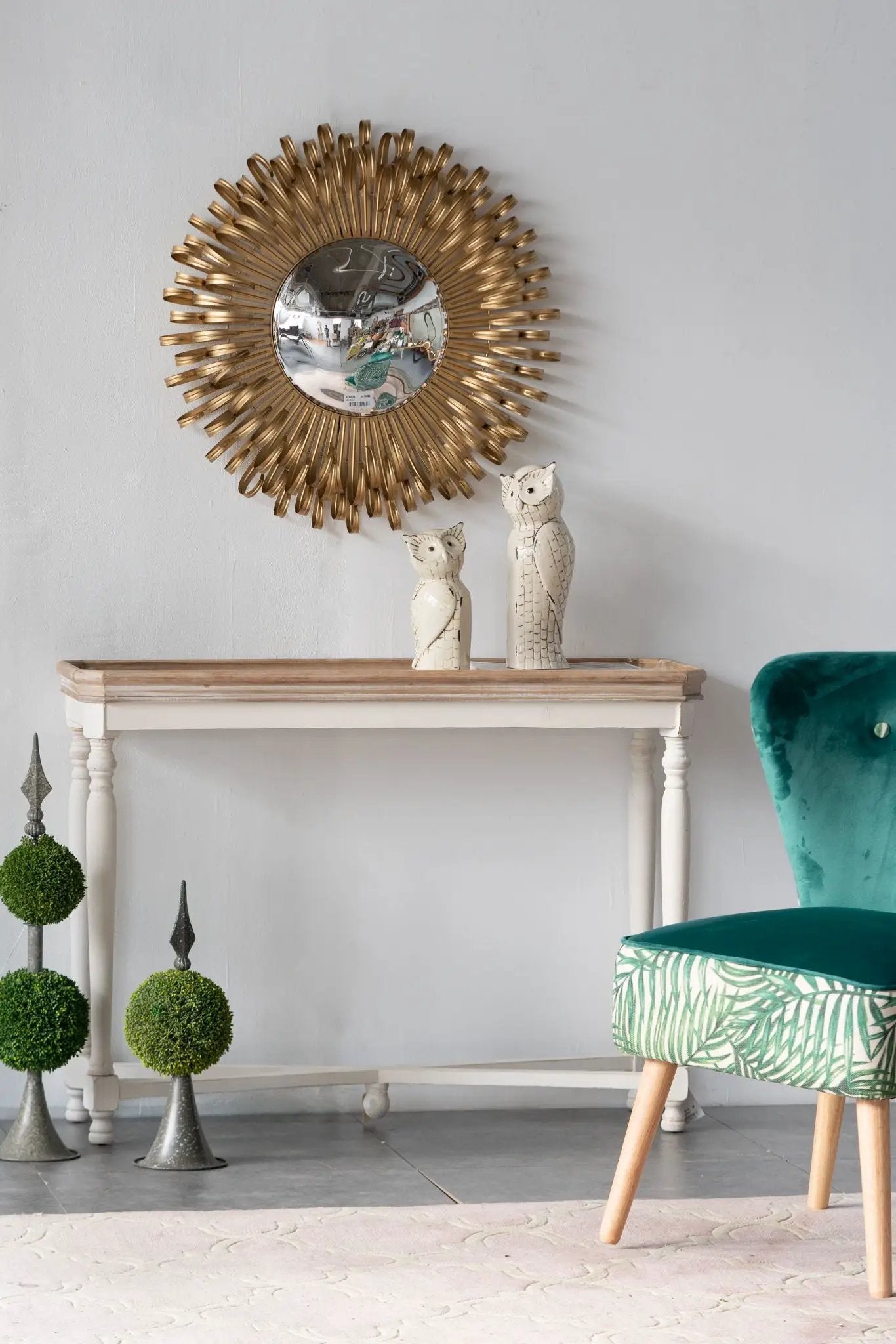 Sunburst design gold wall mirror with round central glass for entryway, modern living room on Tampa Home & Garden Store
