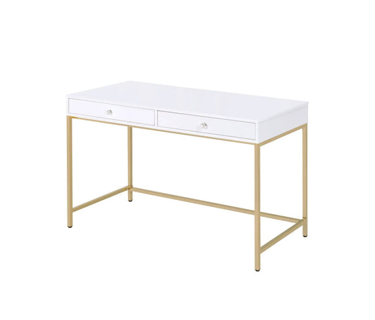 Ottey High Gloss Writing Desk white with two drawers, crystal knob pulls, and gold metal legs on Tampa Home & Garden Store