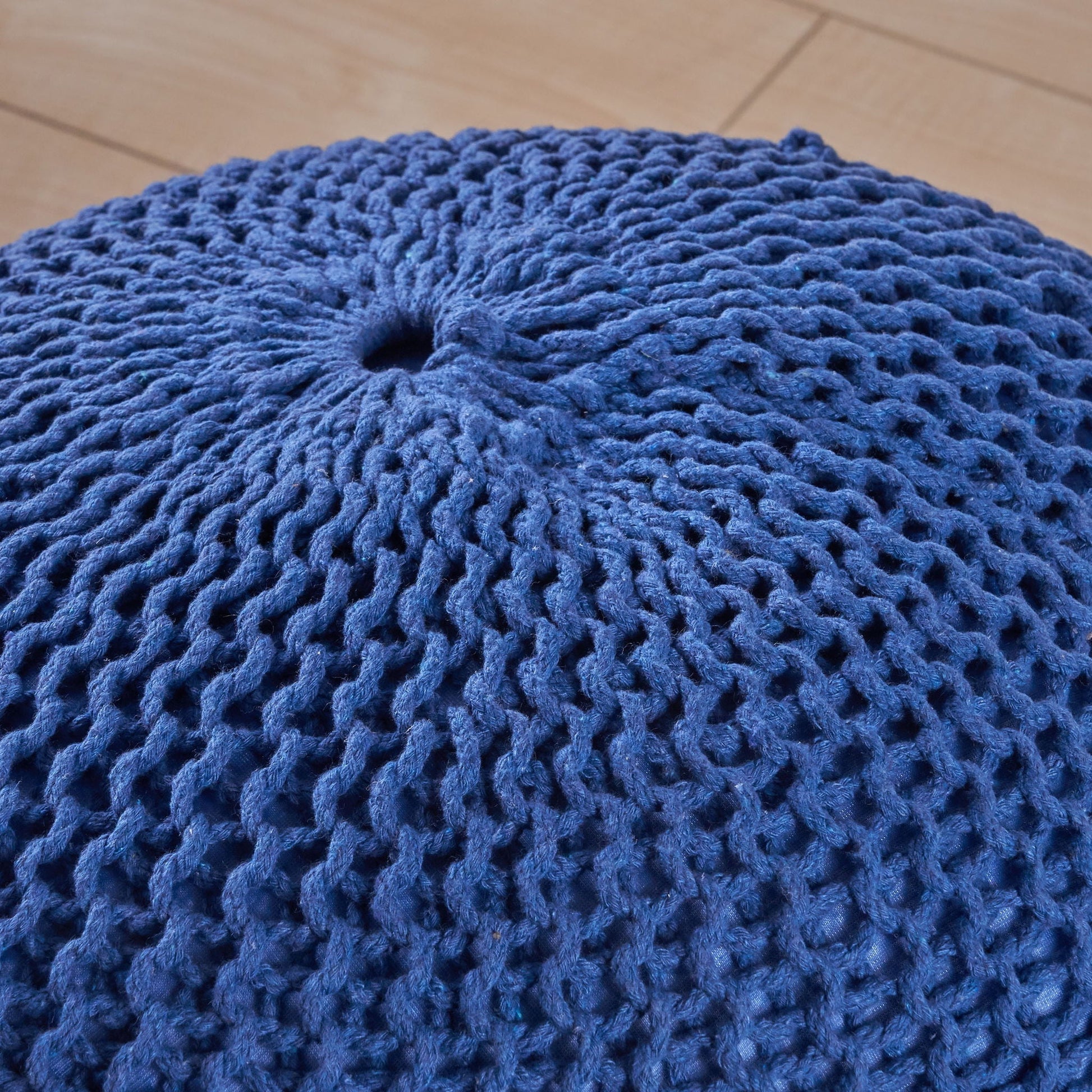 Blue knitted cotton round pouf ottoman for floor seating, versatile accent pouf on Tampa Home & Garden Store