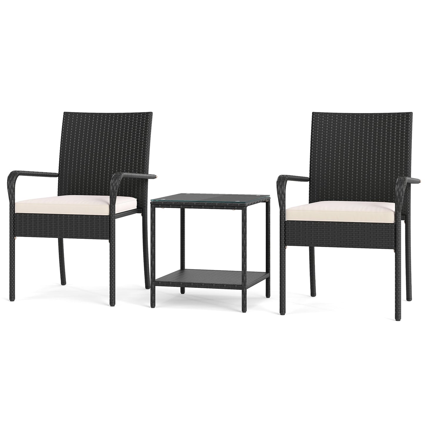 3 Piece Patio Furniture Set with Seat Cushions and Tempered Glass Tabletop