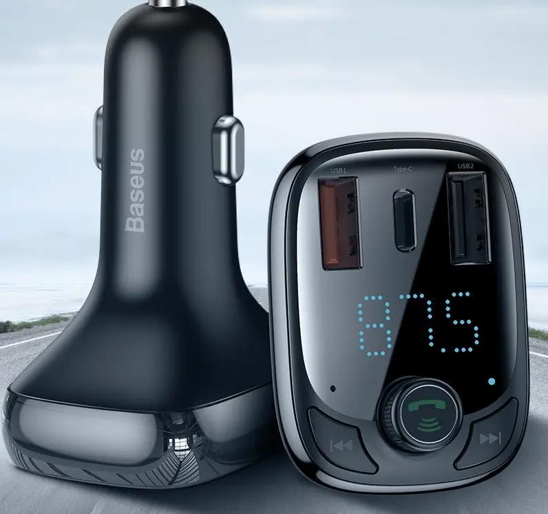 Car charger by Baseus with dual USB-A/USB-C ports and LED display, black on Tampa Home & Garden Store