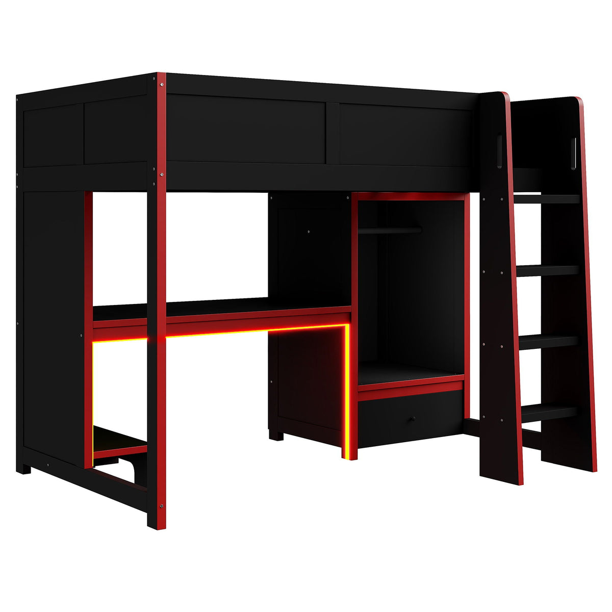 Gaming Loft Bed with Built In Desk, Wardrobe, LED Lighting and Drawer in black with red accents by HouseOfZazla on Tampa Home & Garden Store