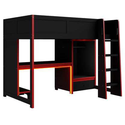 Gaming Loft Bed with Built In Desk, Wardrobe, LED Lighting and Drawer in black with red accents by HouseOfZazla on Tampa Home & Garden Store