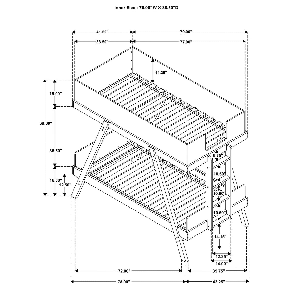 Hicks bunk bed frame by HouseOfZazla - two-tier bunk with ladder and rails, diagram on Tampa Home & Garden Store