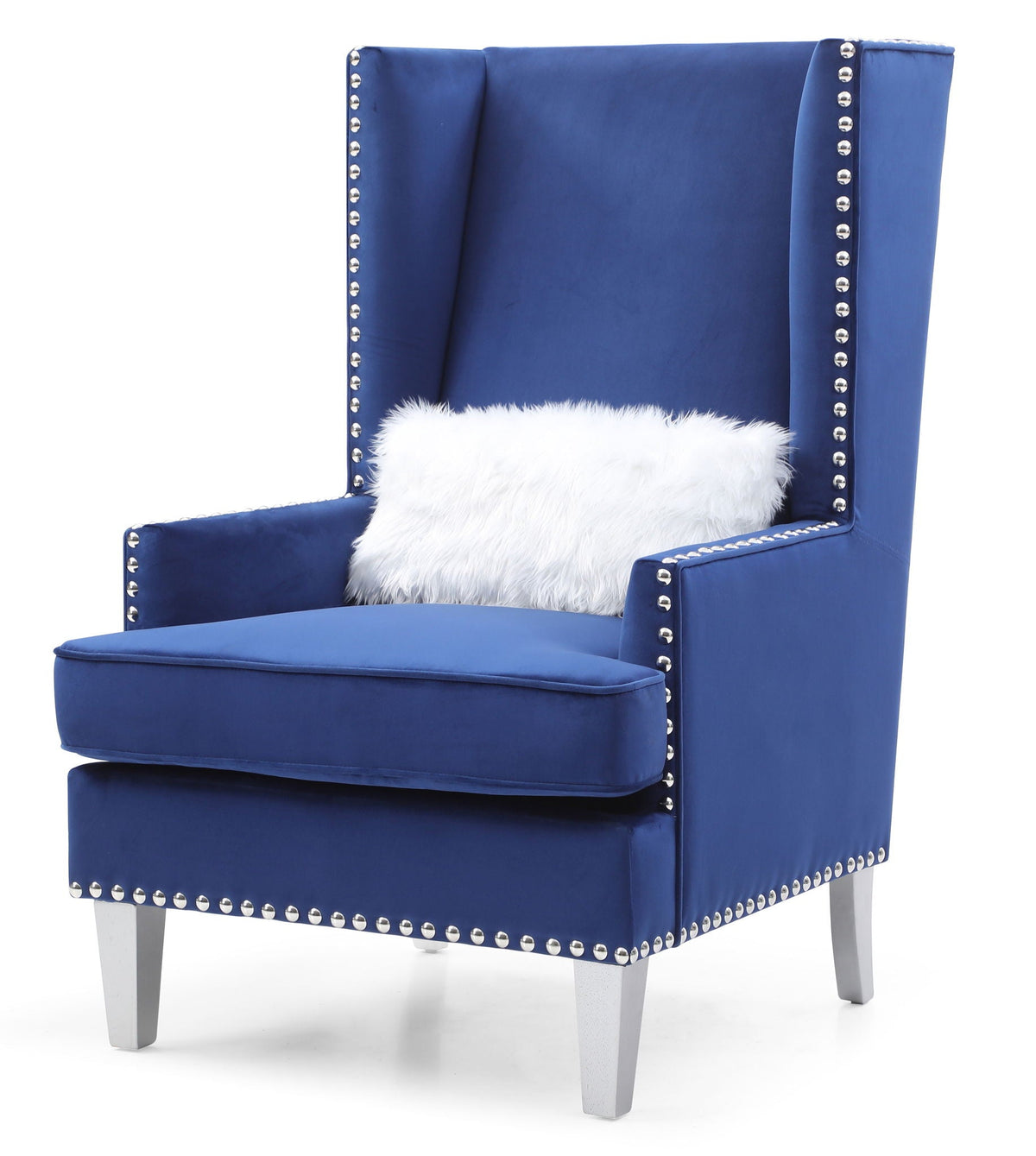 Traditional blue accent arm chair with deep tufting and silver nailhead trim on Tampa Home & Garden Store