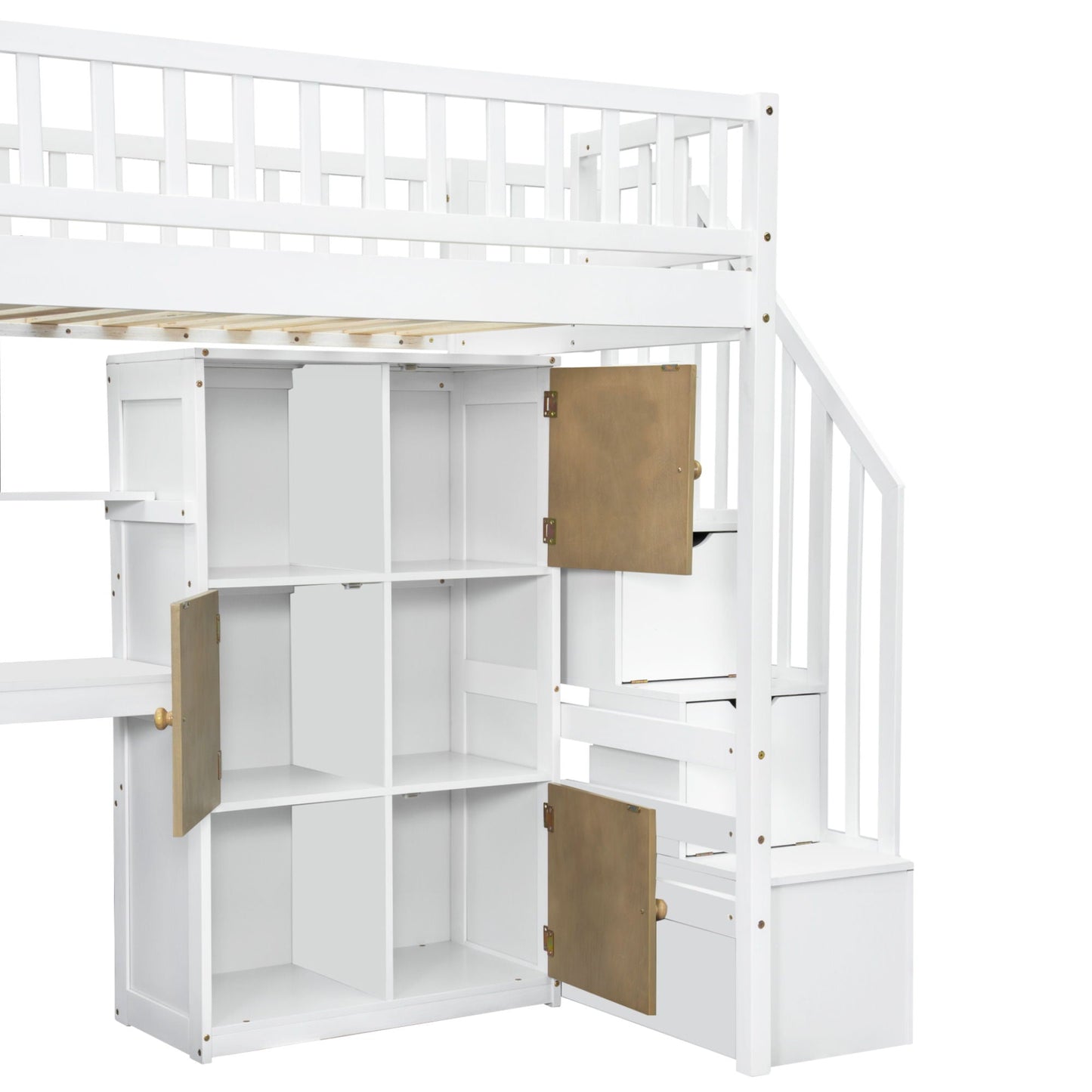 White loft bed with built-in L-shaped desk, staircase access, and open storage cabinets on Tampa Home & Garden Store