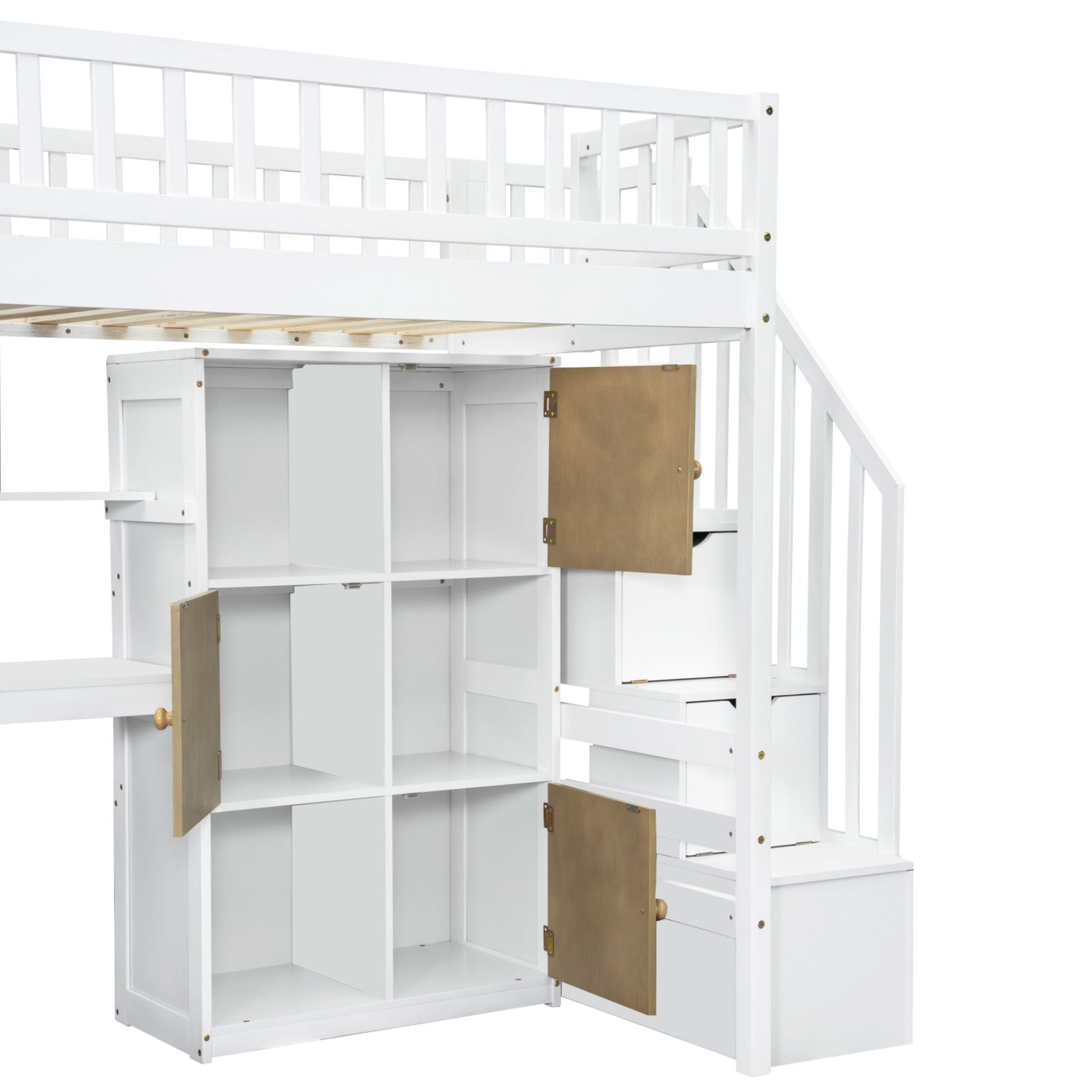 White loft bed with built-in L-shaped desk, staircase access, and open storage cabinets on Tampa Home & Garden Store